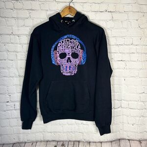 Mens Black Word Art Skull Hoodie size S Small
